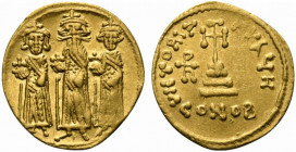 Heraclius (610-641). AV Solidus (19.5mm, 4.34g, 6h). Constantinople, 638/9-641. Heraclonas, Heraclius and Heraclius Constantine standing facing, each ...