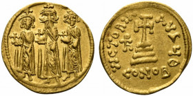Heraclius (610-641). AV Solidus (19.5mm, 4.46g, 6h). Constantinople, 638/9-641. Heraclonas, Heraclius and Heraclius Constantine standing facing, each ...