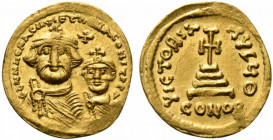 Heraclius and Heraclius Constantine (610-641). AV Solidus (19mm, 4.47g, 6h). Constantinople, 613-616. Crowned and draped busts of Heraclius and Heracl...