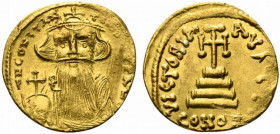 Constans II (641-668). AV Solidus (19.5mm, 4.48g, 6h). Constantinople, 651/2-654. Crowned bust facing, wearing chlamys and holding globus cruciger. R/...