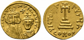 Constans II (641-668). AV Solidus (20mm, 4.37g, 6h). Constantinople, 654-659. Crowned busts of Constans and Constantine facing, both wearing chlamys; ...