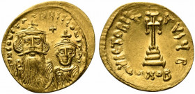 Constans II (641-668). AV Solidus (23mm, 4.48g, 6h). Constantinople, 654-659. Crowned busts of Constans and Constantine facing, both wearing chlamys; ...