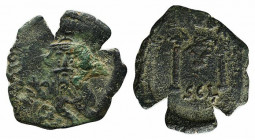 Constans II (641-668). Æ 40 Nummi (26mm, 4.48g, 6h). Syracuse, 650-651. Crowned and draped facing bust, holding globus cruciger. R/ Large M; monogram ...