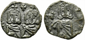 Constantine V with Leo IV (741-775). Æ 40 Nummi (19mm, 3.14g, 6h). Syracuse, 751-775. Crowned facing busts of Constantine and Leo IV, each wearing chl...