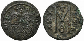 Michael II and Theophilus (821-829). Æ 40 Nummi (30mm, 8.50g, 6h). Constantinople. Busts of Michael and Theophilus facing; cross above. R/ Large M; cr...
