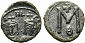 Michael II and Theophilus (820-829). Æ 40 Nummi (19mm, 3.15g, 6h). Syracuse, 821-9. Crowned facing busts of Michael and Theophilus; Rv. Large M; cross...