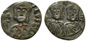 Theophilus (829-842). Æ 40 Nummi (16mm, 1.61g, 6h). Syracuse, 830/1-842. Crowned facing bust of Theophilus, wearing loros, holding cross potent. R/ Cr...