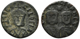 Theophilus (829-842). Æ 40 Nummi (17mm, 2.52g, 6h). Syracuse, 830/1-842. Crowned facing bust of Theophilus, wearing loros, holding cross potent. R/ Cr...