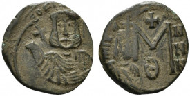 Theophilus (829-842). Æ 40 Nummi (22mm, 3.63g, 6h). Syracuse, 830-842. Crowned facing bust, wearing chlamys and holding globus cruciger. R/ Large M; X...