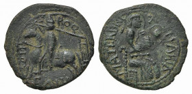 Italy, Mileto. Ruggero I (1071-1101). Æ Trifollaro (28mm, 8.52g, 12h), c. 1098-1101. Ruggero on horseback l., holding banner and shield. R/ Virgin ent...