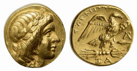Southern Apulia, Tarentum, c. 276-272 BC. Replica of AV Quarter Stater - Triobol (10.5mm, 2.06g, 6h). Head of Apollo r., wearing laurel wreath. R/ Eag...