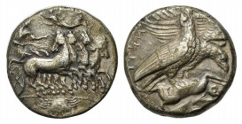 Sicily, Akragas, c. 410-406 BC. Replica of Tetradrachm (25mm, 15.78g, 6h). Charioteer, holding reins in both hands, driving fast quadriga r.; above, N...