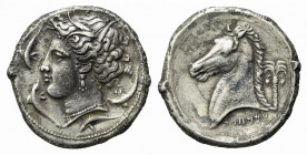 Sicily, Entella. Punic issues, c. 320/15-300 BC. Replica of Tetradrachm (28mm, 16.69g, 6h). Head of Arethousa l., wearing wreath of grain ears; four d...