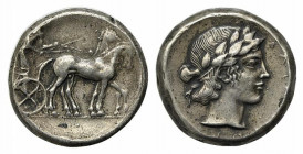 Sicily, Katane, c. 450-405 BC. Replica of Tetradrachm (25mm, 16.84g, 6h). Charioteer driving biga r. R/ Laureate head of Apollo r. Cf. HGC 2, 566 (for...