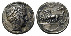 Sicily, Katane, c. 405-403/2 BC. Replica of Tetradrachm (25mm, 16.85g, 6h). Head of Apollo r., wearing laurel wreath. R/ Charioteer, holding reins in ...