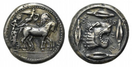 Sicily, Leontinoi, c. 476-466 BC. Replica of Tetradrachm (25mm, 16.66g, 6h). Charioteer driving slow quadriga r.; above, Nike flying r., crowning hors...