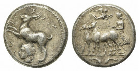 Sicily, Messana, 412-408 BC. AR Tetradrachm (25mm, 16.77g, 6h). The nymph Messana driving slow biga of mules l.; above, Nike flying r., crowning chari...
