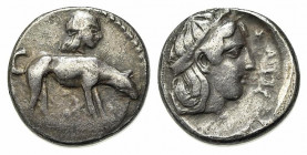 Sicily, Segesta, c. 420-400 BC. Replica of Didrachm (20mm, 8.44g, 6h). Hound standing r.; sniffing ground; above, head of the nymph Segesta r., wearin...