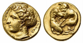 Sicily, Syracuse. Dionysios I (405-367 BC). Replica of AV 100 Litrai – Double Dekadrachm (14.5mm, 5.77g, 6h). Head of Arethousa l., hair in sakkos. R/...