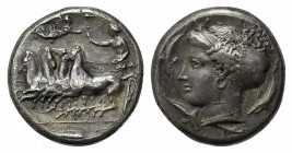 Sicily, Syracuse. Dionysios I (405-367 BC). Replica of Tetradrachm (24.5mm, 16.53g, 6h). Charioteer, holding kentron in r. hand and reins in both, dri...