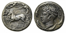 Sicily, Syracuse. Dionysios I (405-367 BC). Replica of Tetradrachm (23.5mm, 16.83g, 6h), c. 405-400 BC. Charioteer, holding kentron and reins, driving...
