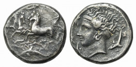 Sicily, Syracuse. Dionysios I (405-367 BC). Replica of Tetradrachm (26mm, 16.98g, 6h), c. 405-400 BC. Charioteer, holding kentron and reins, driving f...