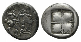 Thraco-Macedon Region, Siris, c. 525-480 BC. Replica of Stater (21mm, 9.78g). Ithyphallic satyr standing r., grasping hand of nymph fleeing r. R/ Quad...