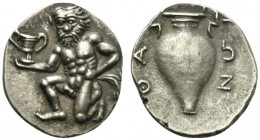 Islands of Thrace, Thasos, c. 411-350 BC. Replica of Trihemiobol (13mm, 0.99g, 12h). Nude satyr kneeling l., head facing, carrying kantharos in r. han...