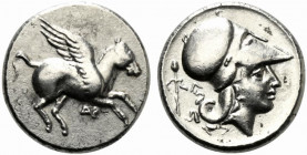 Akarnania, Argos Amphilochikon, c. 340-300 BC. Replica of Stater (21mm, 8.45g, 12h). Pegasos flying r. R/ Helmeted head of Athena r.; thyrsos behind. ...