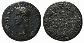 Gaius (Caligula, 37-41). Replica of Sestertius (33mm, 28.26g, 6h). Rome, 37-8. Laureate head l. R/ S P Q R/ P • P/ OB CIVES/ SERVATOS in four lines wi...