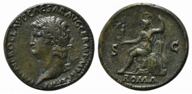 Nero (54-68). Replica of Sestertius (28mm, 24.70g, 6h). Lugdunum, c. AD 66. Laureate head l., globe at point of neck. R/ Roma seated l. on cuirass, ho...