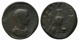Diadumenian (Caesar, 217-218). Replica of Sestertius (28mm, 22.88g, 12h). Rome, AD 218. Bareheaded, draped and cuirassed bust r. R/ Emblems of the pon...