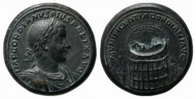 Gordian III (238-244). Replica of Medallion (36.5mm, 44.64g, 12h). Laureate, draped and cuirassed bust r. R/ View of Colosseum: within, bull fighting ...