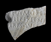 Roman Marble Slab with Funerary Inscription, ca. 2nd century AD; height cm 13,5; length cm 18,7