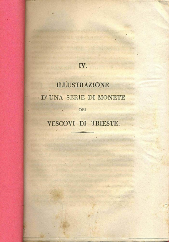 D’OTTAVIO FONTANA Carlo. Illustrazione d’una serie di monete dei Vescovi di Trie...