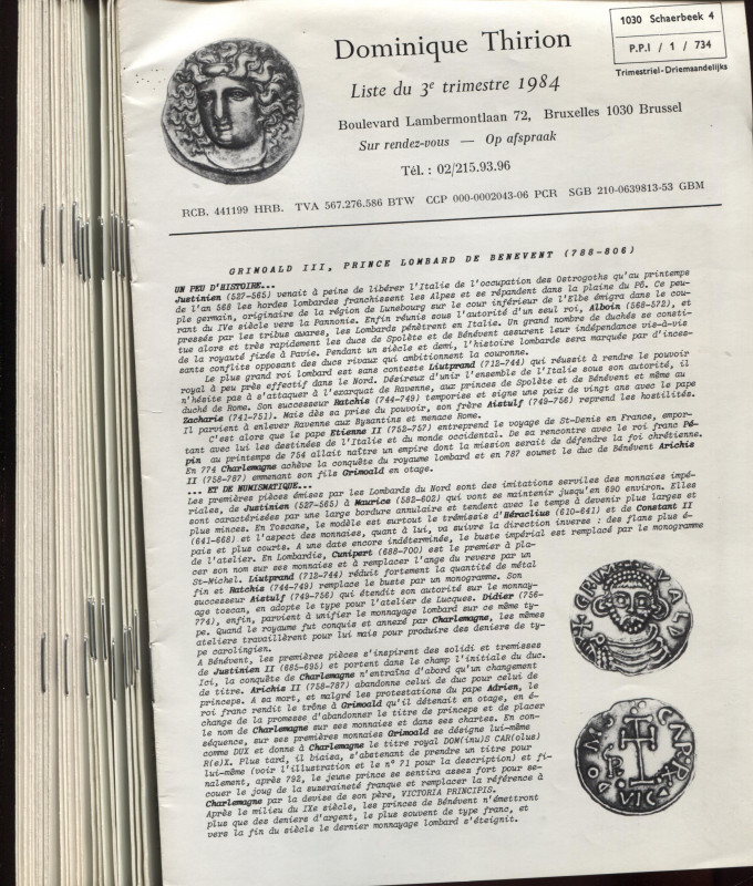THIRION D. - Listini a prezzo fisso Bruxelles, 1984 – 1993. ( 23 fascicoli) mone...