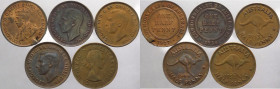 Australia - Giorgio V (1911-1936) - Giorgio VI (1936-1952) e Elisabetta II (dal 1952) - lotto di 5 monete da 1/2 penny di anni vari - Cu
mediamente m...