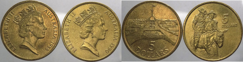 Australia - Elisabetta II (dal 1952) - lotto di 2 monete da 5 dollari (1988,1990...