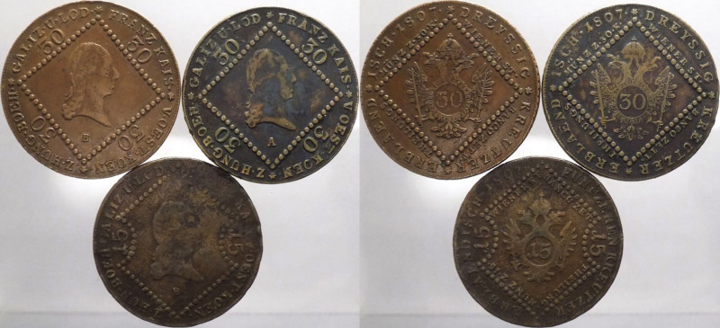 Francesco II (1792-1835) - lotto di 3 monete di cui 2 da 30 kreutzer 1807 e 1 da...