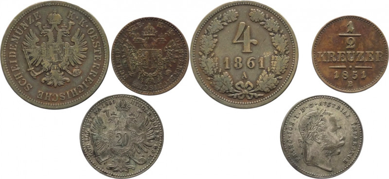 Austria - Francesco Giuseppe I (1848-1916) - lotto di 3 monete da 1/2, 4 e 20 kr...