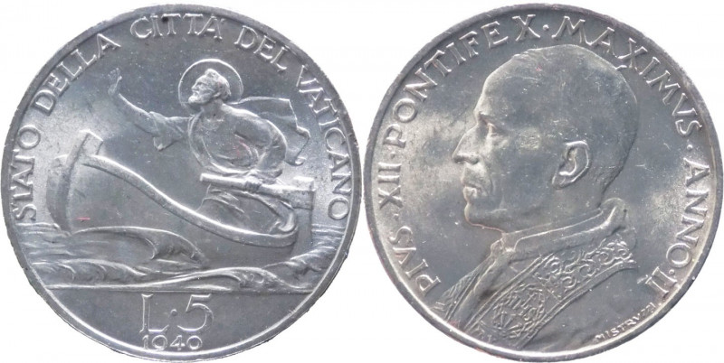 Città del Vaticano - Pio XII (1939-1958) - 5 lire 1940 - KM# 28 - Ag - perizia E...