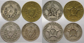 Cuba - prima repubblica (1902-1906, 1909-1959) e seconda repubblica (dal 1959) - lotto di 4 monete da 2 e 5 centesimi, anni e metalli vari 
mediament...