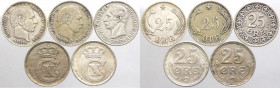 Danimarca - Cristiano IX (1863-1906), Federico VIII (1906-1912) e Cristiano X (1912-1947) - lotto di 5 monete da 25 ore, anni vari - Ag, Ni
mediament...