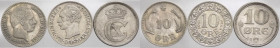 Danimarca - Cristiano IX (1863-1906), Federico VIII (1906-1912) e Cristiano X (1912-1947) - lotto di 3 monete da 10 ore (1875, 1901, 1918) - Ag
media...