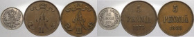Finlandia - governo russo degli zar- Alessandro II e Alessandro III - lotto di 3 monete di cui 2 pezzo da 2 pennia (1875-1889) e 1 pezzo da 25 pennia ...