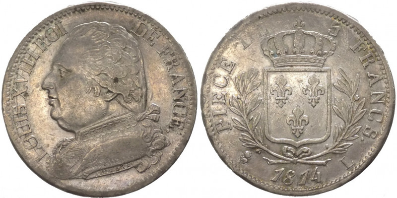 Francia - Luigi XVIII (1814-1824) - 5 franchi 1814 "busto vestito" - zecca di Ba...