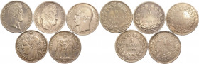 Francia - Luigi Filippo (1830-1848), Napoleone III (1852-1870), seconda repubblica (1870-1940) - lotto di 5 monete da 5 franchi, ann vari - Ag
mediam...