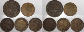 Francia -Napoleone III (1852-1870) e terza repubblica (1870-1940) - lotto di 5 monete di cui 4 pezzi da 2 centesimi e 1 pezzo da 5 centesimi - Cu
med...
