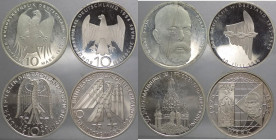 Germania - Repubblica Federale Tedesca (dal 1949) - lotto di 4 monete da 10 marchi (Koch, distruzione Frauenkirche, Resistenza Tedesca, fondazione Kol...