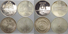 Germania - Repubblica Federale Tedesca (dal 1949) - lotto di 4 monete da 5 marchi commemorativi (Durer, Parlamento, Assemblea di Francoforte, Copernic...